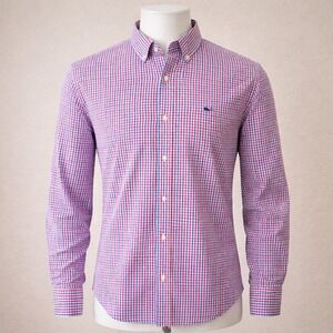 Vineyard Vines Mens Slim Fit Whale Shirt Gingham Check Button Down Red Blue